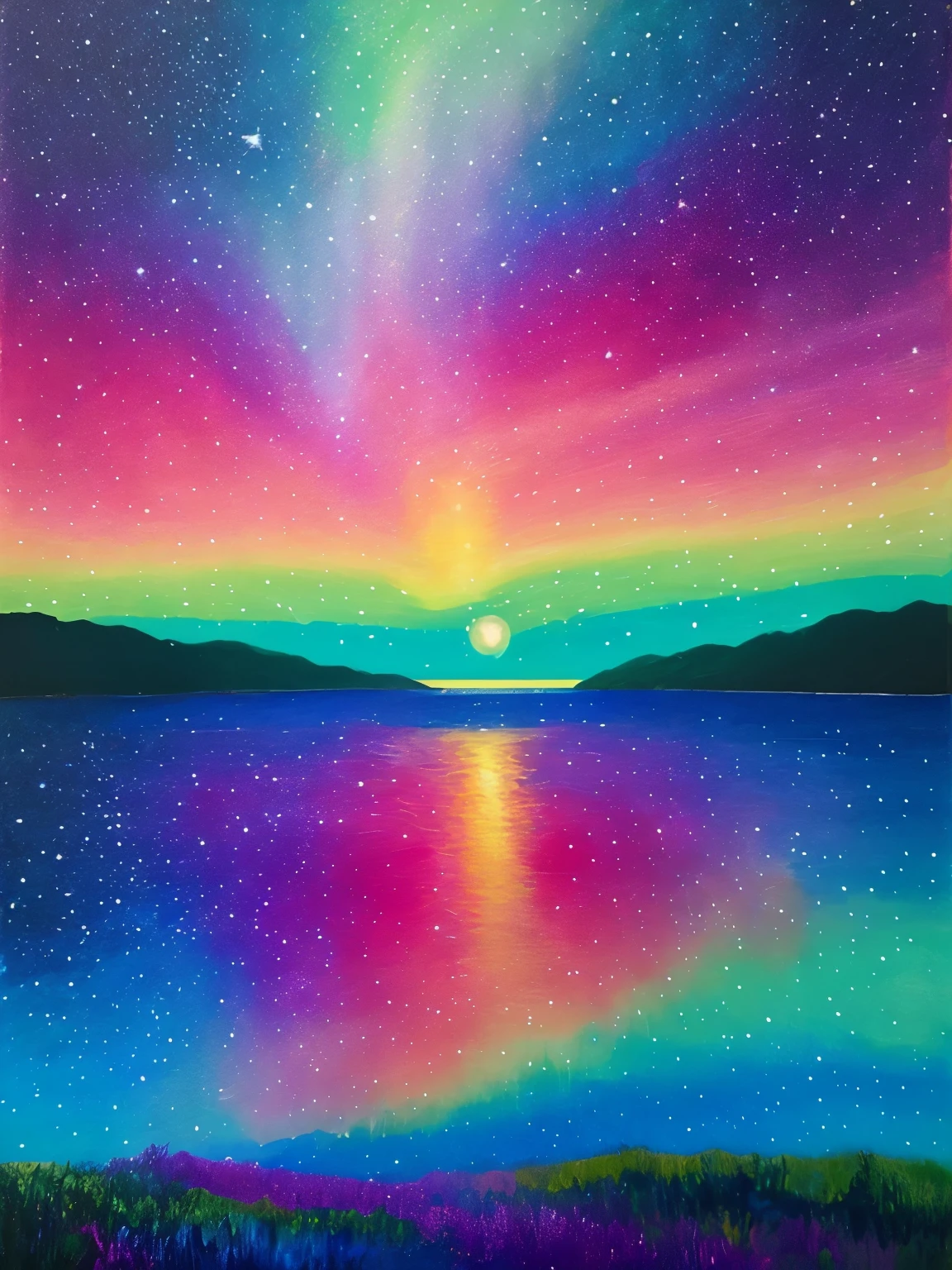 A painting of a colorful aurora bore over a lake - SeaArt AI