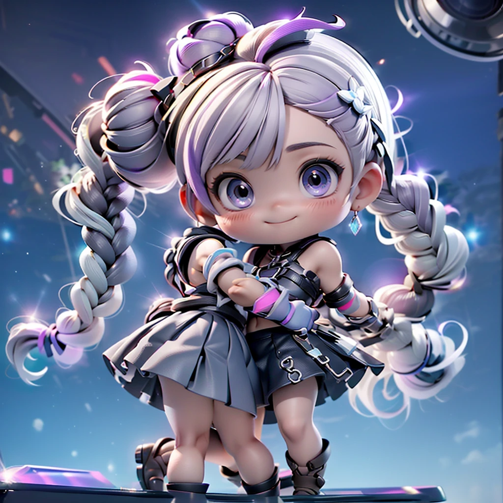 1boy、1girl、ちび男女のCouple3D Figure、cute、3D Figure、青と白の髪色のショートヘアのサイバーパンクのboy、ちびboy（Masterpiece、highest quality、Official Art、The best composition、CG、16K、Super detailed、Detailed eyes、Golden Ratio）、Couple（1boy,1girl)、girl（Purple eyes、Her hair is a milky white and purple gradient.、Double braid、Black and white diamond-shaped hair ornaments on both sides、Clothing Features（elbow gloves, bangs,bare shoulders, black skirt, dress, smile, side cutout,covered navel, side cutout,cryptic girl）、boy（Blue Cyberpunk）、c0upl3