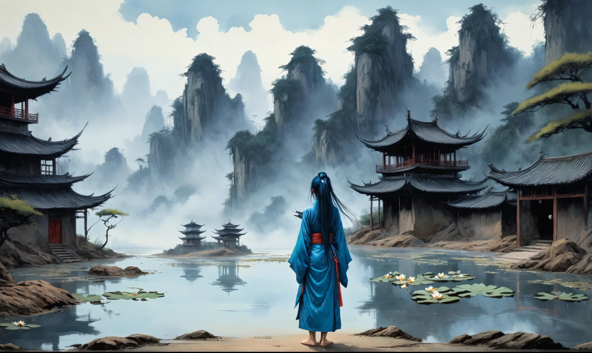 ((masterpiece,best quality)), shuimobysim, traditional chinese ink painting, lotus,  hanfu, maxiskit, dress conservatively
1girl, solo, long blue hair, smile, barefoot,full body length,Wulfenite babygirl ,pretty face,eyebrow up,full body shot,ominous landscape,glate gray atmosphere,by art Simon Stalenhag,Nicola Samori,(((Wangechi Mutu))),prime colors,urban,extremely detailed,masterpiece,intricate details,eyes extremely  detailed, high detailed eyes,32k resolution,RAW, Nikon Z9,scary ghost village,Hei Hei,Zhangjiajie National Forest Park of China