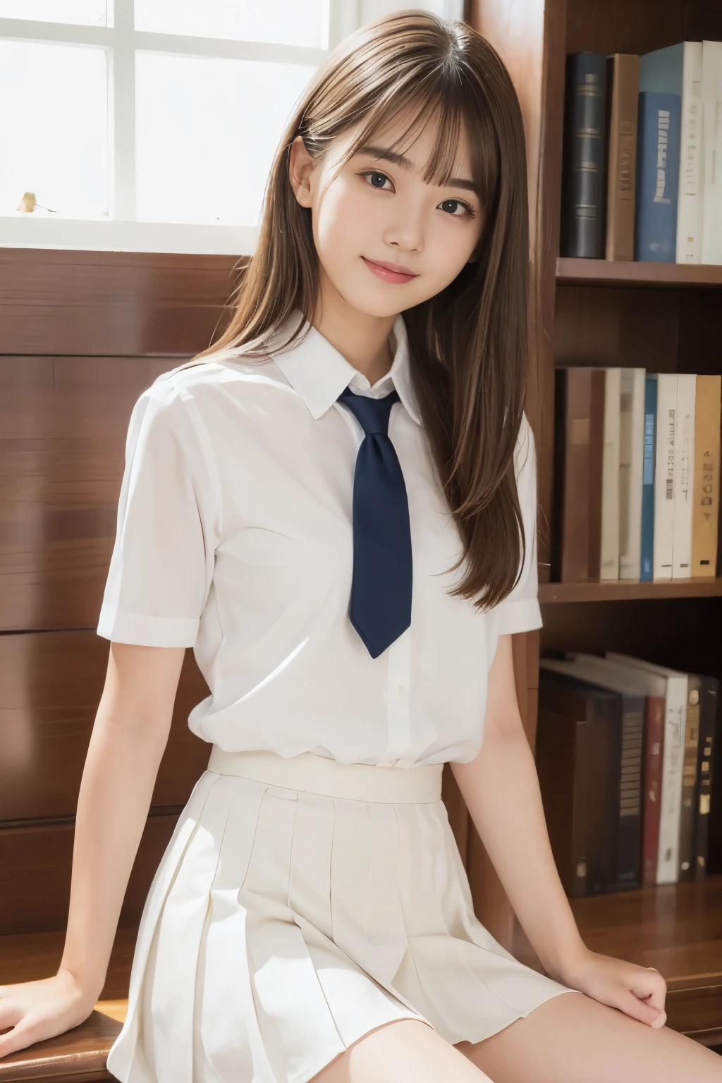 highest quality,Very detailed,masterpiece,Realistic,Photo realistic,Bright lighting,One Girl, Very beautiful 17 year old girl, (cute:1.2),Smile, (Brown eyes),(Light Brown Hair),(bangs, Straight Hair),Perfect glowing skin,Perfect Skin,((Fair skin,Light on the cheeks, Thin eyebrows, Thin eyebrows)),Medium chest,Narrow waist, Observe your audience,,((Short sleeve uniform white shirt)),(Pleated skirt),(White tie),((Natural pose,), Full Body Shot, (Butt)), socks, (Long socks),(Loafer shoes), Daytime,Natural light,library, window, beautiful girl