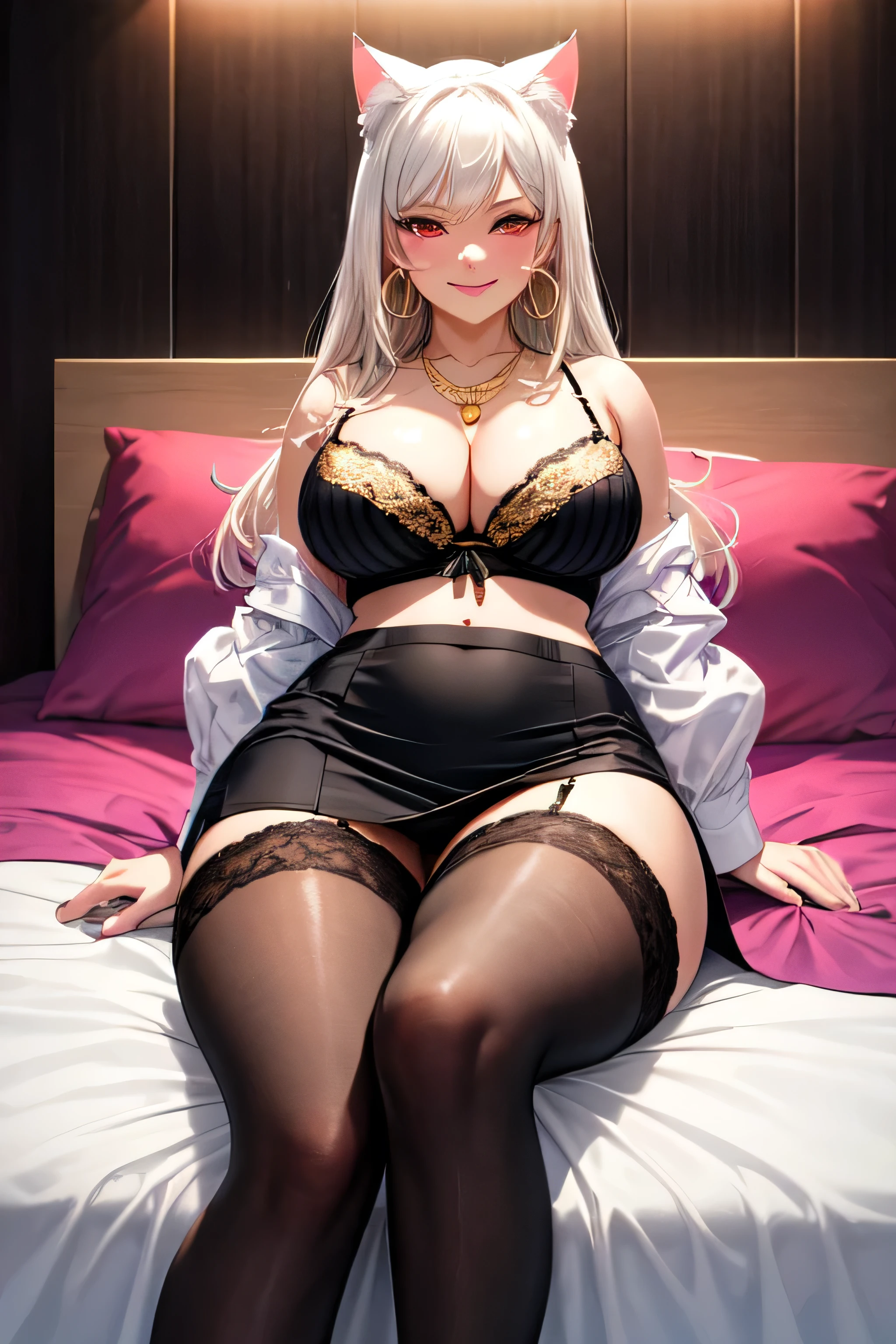 (best quality)), ((masterpiece)), (detailed), perfect face, white hair, white cat ears, white cat tail, DD cup breasts, thick thighs, thick ass, glowing red eyes, smirking, gold hoop earrings, gold designer necklace, off the shoulder white button up blouse, cleavage window, purple lace bra visible underneath blouse, black pencil skirt, slit on the thigh of skirt, lace black and gold striped stockings, sitting in a bed, showing bottoms of feet, view from below