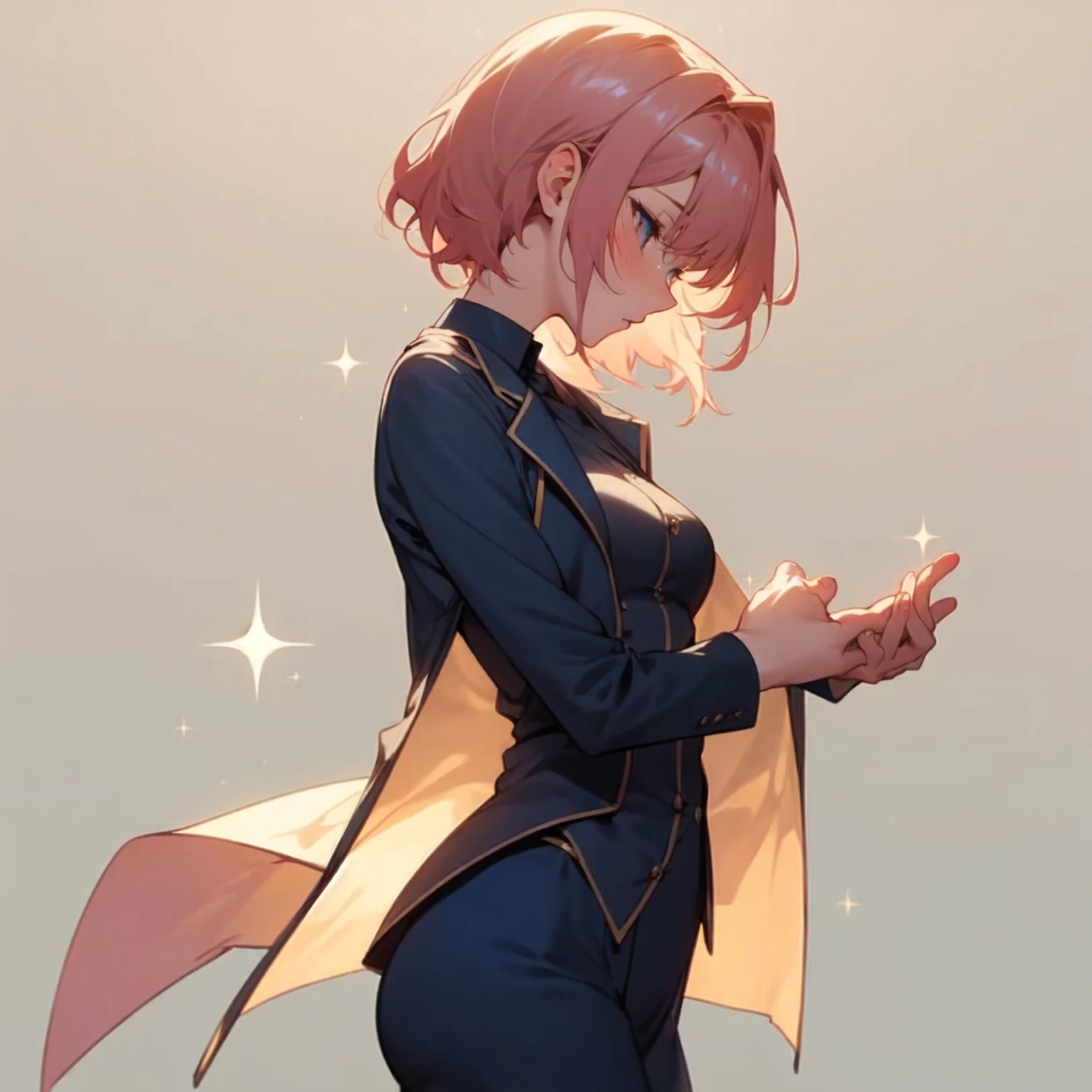 (absurdres), (perfect anatomy), (ingenious angle), (sparkle background), pastel colors, beautiful composition, RAW photo, extremely delicate and beautiful, aesthetic, 1 girl, medium hair, pink beige hair, navy blue suit, large size suit, oversized jacket, from side, dark blue background, emotional, fantastic, perfect composition, trending pixiv fanbox, clear eyes, anime hand drawn illustration, produced by anime painter studio,