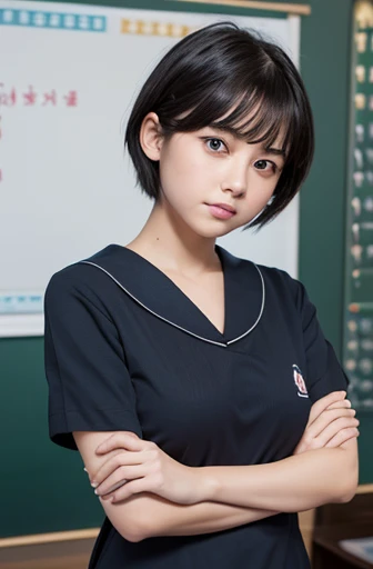 perfect detailed,masterpiece,photographic,8k photo,best quality,short hair,black hair,{thick eyeblows},Single:1.1,{tsurime:1.4},normal face,japanese,female small hoobs,Sailor suit ,blue scart,Cross your arms,standing,evening,classroom,fullbody,