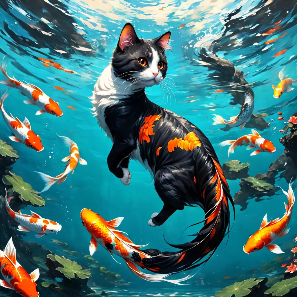 Fishtail cat in the sea,Big koi,黑色的Big koi