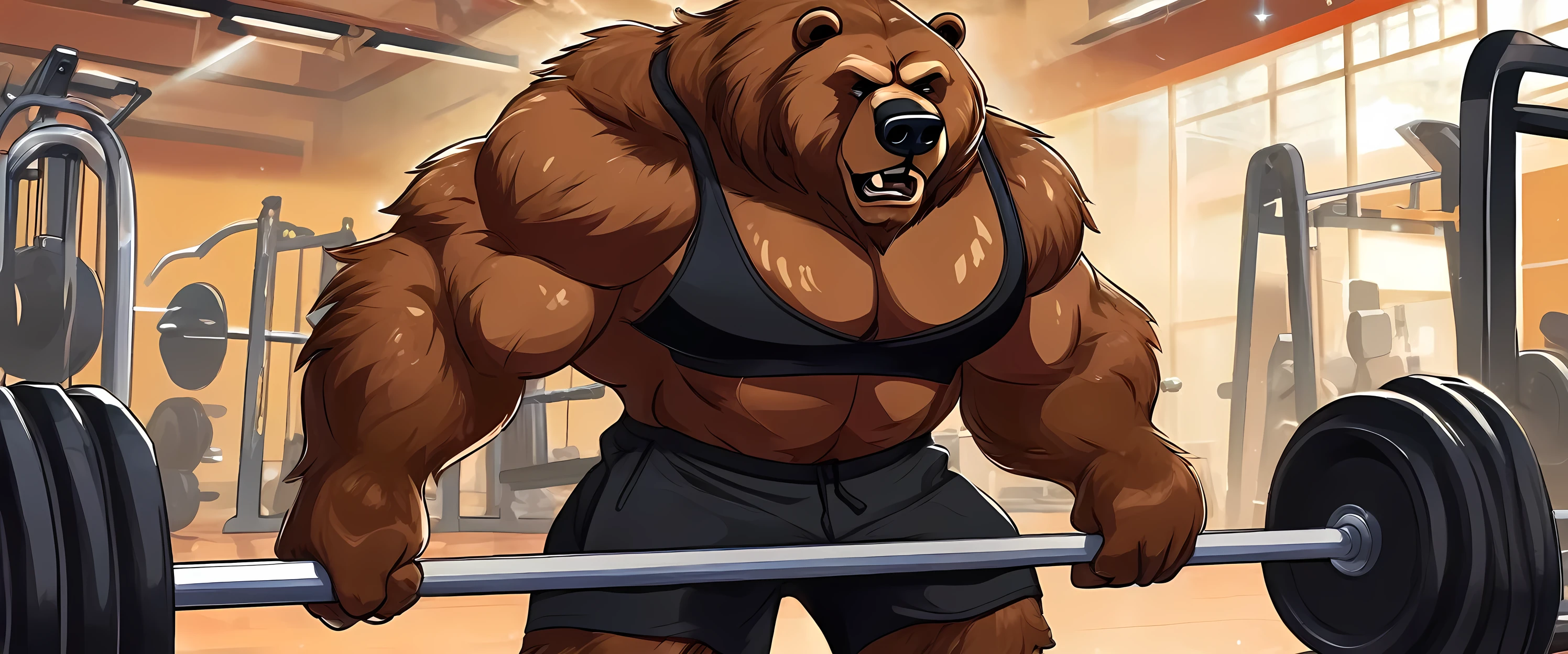 Big brown furry kodiak muscle bear with huge muscles with black gym shorts, black gym shoes and black wristbands at the gym doing incline bench presses sweating off with veins