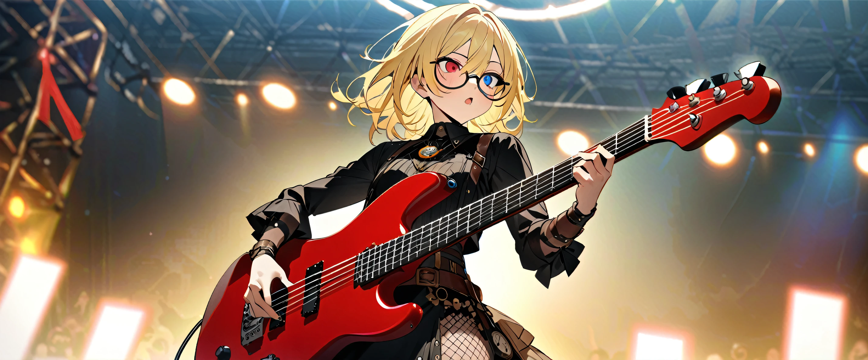(((masterpiece,Highest quality))),((Androgynous anime boy with red and blonde mesh hair playing an electric bass)),(((Androgynous but boyish))),(((Red and blonde mesh hair))),(((Blue and red heterochromia))),(((Thick framed glasses with highly designed gear and clock decorations)))((An electric bass guitar decorated with gears and clocks)),((Playing guitar on stage at an outdoor live festival during the summer day)),(((Steampunk Fashion,Clock motif necklace,Clock motif brooch))),Focus so you can see the whole body,(high quality),anime