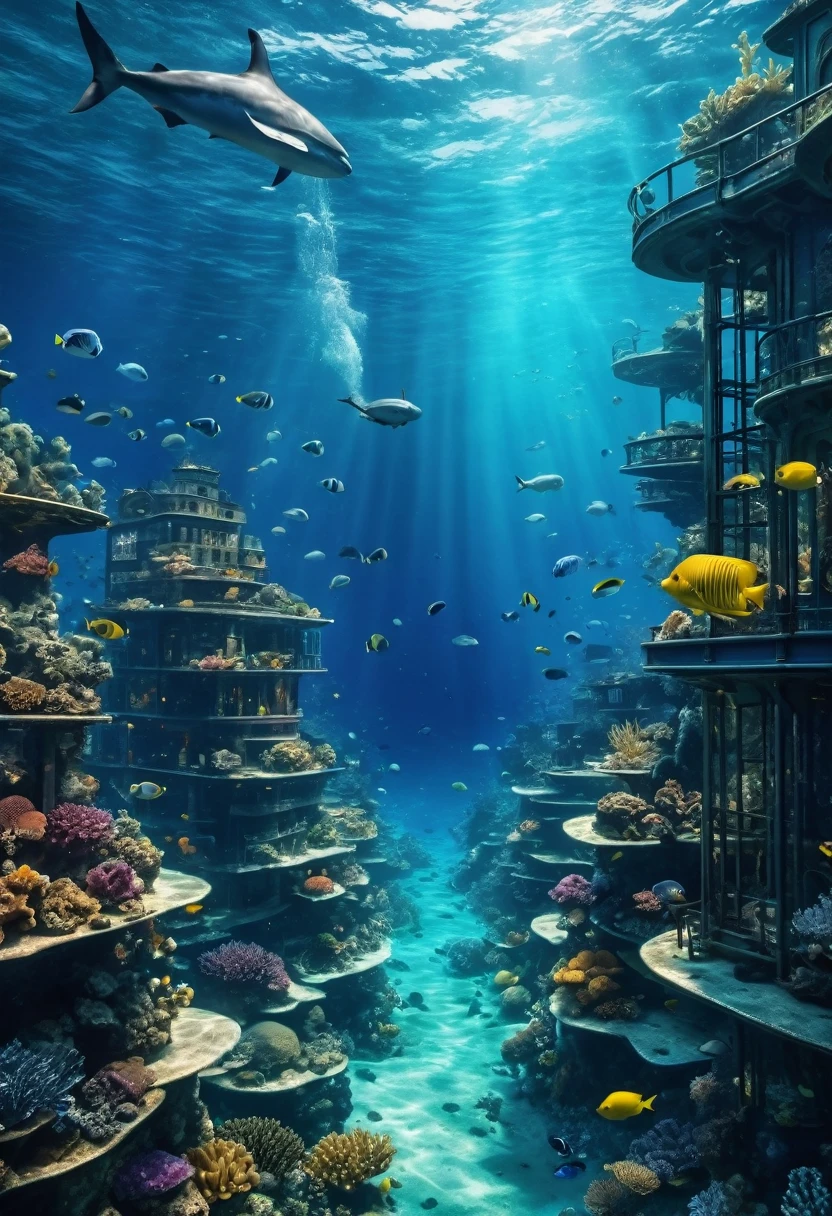 Masterpiece, best quality, high details, 4k, bottom of the sea, ((city under water, at the bottom of the sea)), an Atlantic city with super technology and exotic and dazzling navy life,