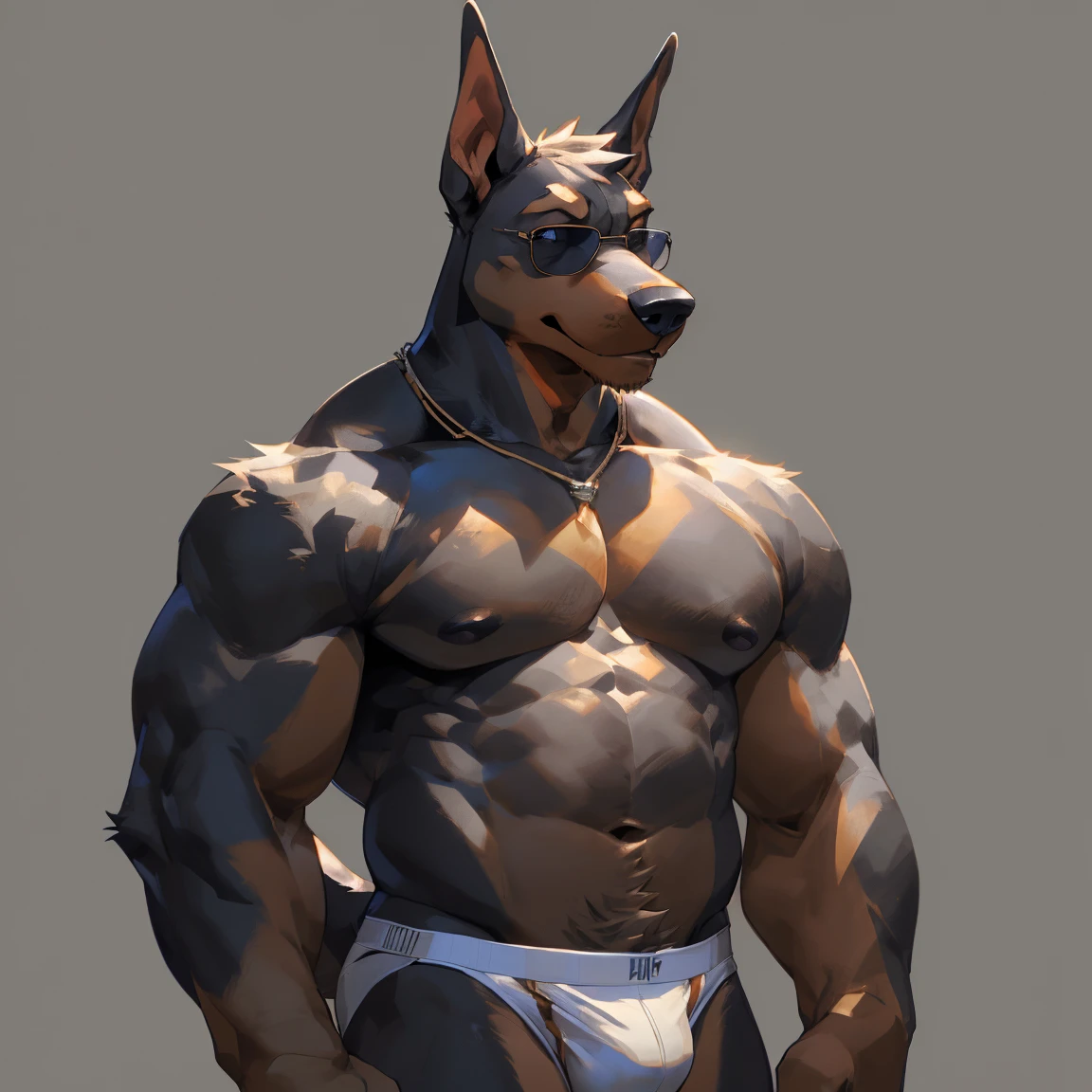 Solo, male, medium muscular, dobermann, dog, black dobermann, in white underwear, underwear, ((focus body, furry focus, shades focus, body shades)) (((gray background, gray wallpaper, one color))), by darkgem, by mystikfox61, by glitter trap boy