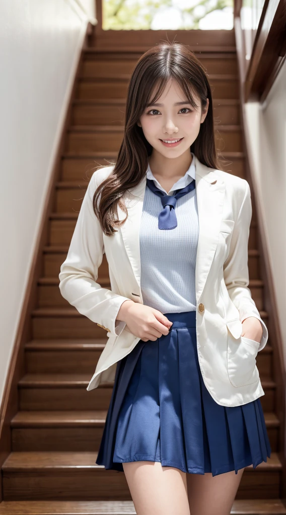 top-quality,ultra - detailed,tmasterpiece,hentail realism,Photorare,Bright lighting,1 girl in, an extremely beautiful 17-year-old girl, (kawaii:1.6),Thin smile, (Brown eyes),(brown haired),(By bangs),perfect glossy shiny skins,flawless skin,((erotick,Sexy and sexually explicit)),((Exact pointers，No discomfort)), large full breasts,big breasts thin waist, looking at viewert,((Blazer Uniform)),((Long sleeve uniform white shirt)),(Navy blue tie),(Navy blue miniskirt),(((Skirt lift with their own hands))),(lifted by self),(she gets down on one knee and shows her panties.),Panties with lace,Panty Focus,(Sit up,Spread your legs apart)), sockes, (Black knee socks),(Loafer shoes), In the daytime,Schools、‎Classroom、Desks are lined up in the classroom,School Chairs、
