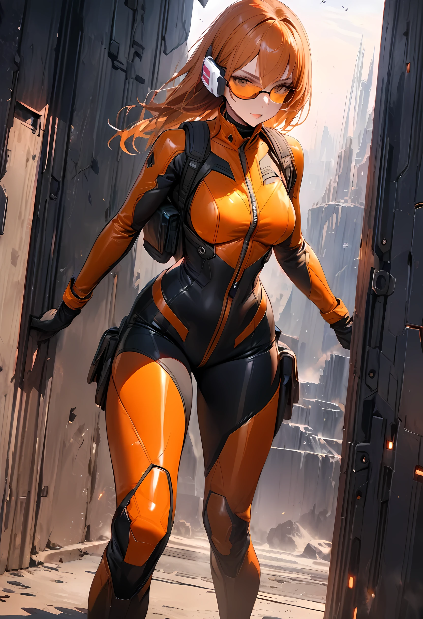 best quality, masterpiece, ultra high res, Female agent, Tight Combat Suit, scouter orange glasses, standby for combat, entrance to the secret fortress, hyper-realistic detail lines, soft edges and atmospheric effects,