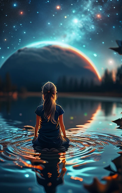 A young girl meditating with her head in lotus position，Under him, His reflection is clearly visible, Ripples spread in complex patterns. Milky Way as ethereal background, The night sky is full of twinkling stars. The overall atmosphere of the picture is peaceful and spiritual, With a touch of heavenly wonder., illustration, poster