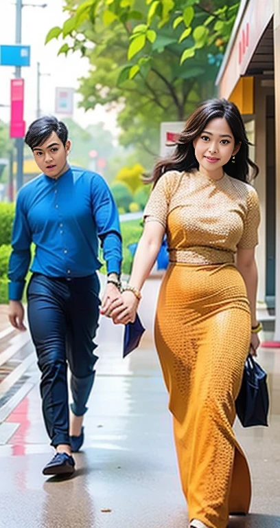 Burmese couple shopping in front of a mall with people entering the mall in the background