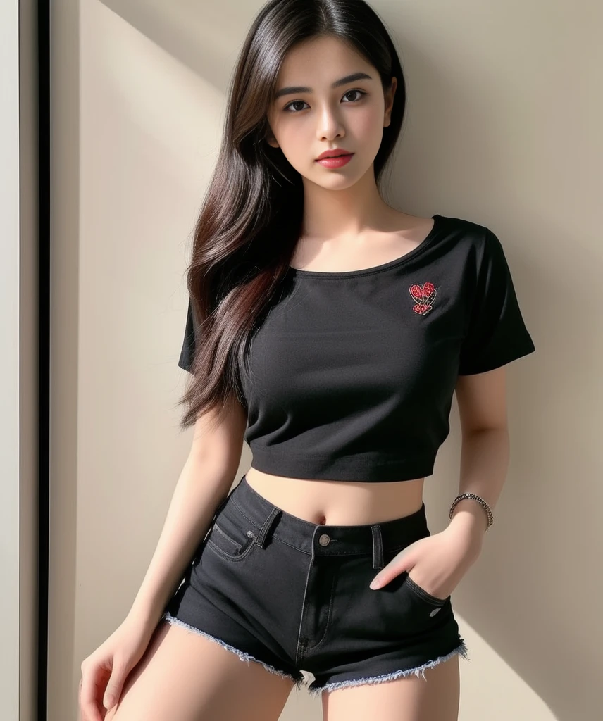 Female Aarav, 25 years old, chest circumference 36 inches, wearing a shirt. Expensive black silk , and shorts posing for photos, Crop and shorts, trendy clothes, Korean female fashion model, Wear a sexy crop top., With a torn cropped t-shirt, Open chest V-chest shirt, Crop top with jacket, Crop, Photo of a thin young model, thick hips, black top, Wear a crop top., Casual clothes, Casual clothesสีดำ