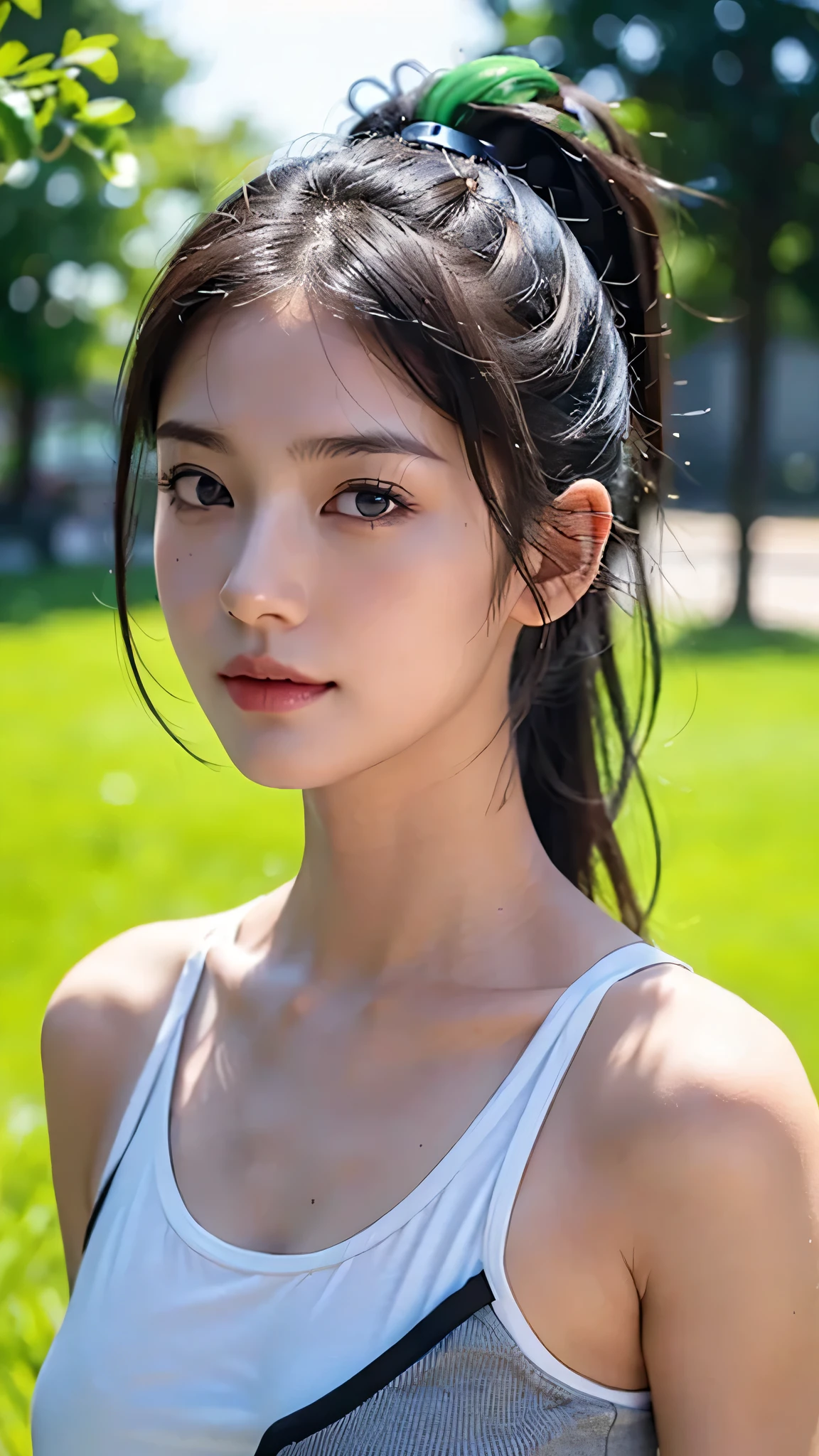 Black underwear shows through the T-shirts with wide neck openings,Bra straps are showing,jeans,outdoors,Urban Park,On the lawn,One woman,close up face,fully body photo,masutepiece, The highest image quality, High quality, the background is clear，Beautiful woman, Japanese, Detailed, Detailed eyes, Detailed skin, Beautiful skin, 超hight resolution, (reality: 1.4),Very beautiful woman, Slightly younger face, Beautiful skin, slender, (Ultra photo realsisim), (hight resolution), (8K), (Very detailed) (beautifully detailed eyes), (super detailed),   (Detailed face), view the viewer, Fine details, Detailed face, Staring straight ahead, Staring straight ahead, photos realistic, Bright lighting, Professional Lighting, Black hair,poneyTail,a baby face,sixteen years old,Hairstyle: ponytail,Long ponytail hairstyle,slight smile,