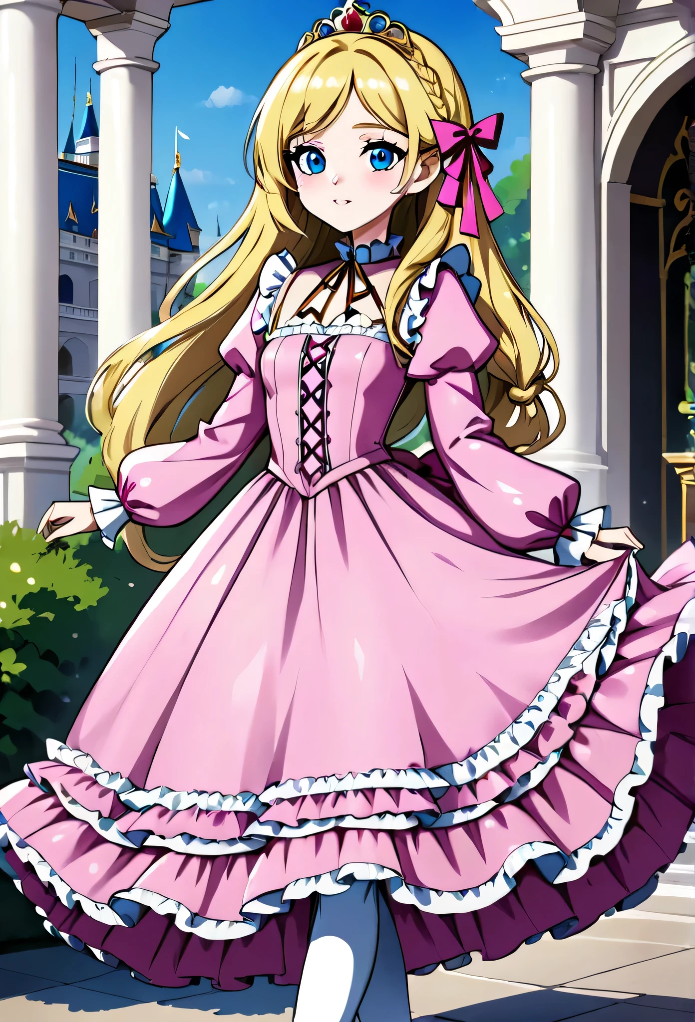 ,highest quality, masterpiece, highest resolution, artwork, 3K realistic photos,,(( girls)),Super detailed baby face,both arees,Full length ball gown dress with hoop skirt,ruffled yoke collar,Detailed braided ribbon on chest,puff sleeves,long sleeve,((Lolita style hot pink detailed princess satin dress、Comes with lots of frills and ribbons。)),shiny silk satin dress,soft and smooth silk satin fabric,luxury,Very long blonde hair,blue eyes,white skin european,pajamas,((Outside the palace)),Princess dancing happily,gorgeous flowing dress,fine white frills and lace,Super long hair that is as tall as your body,the princess is running