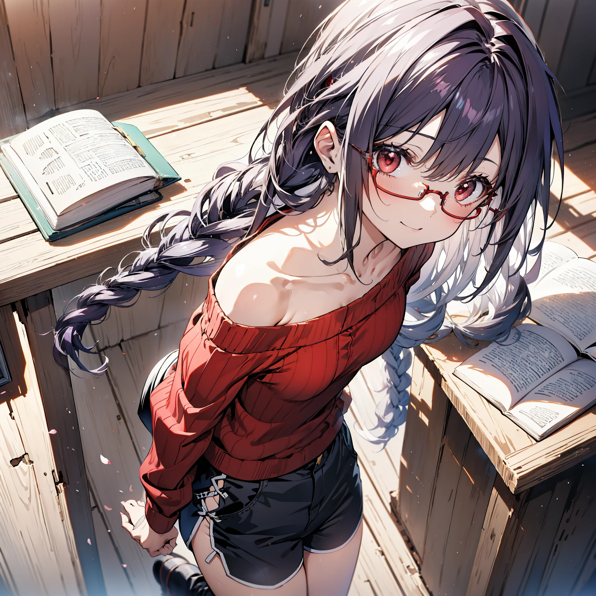 yuukikonno, Konno Yuuki, hair band, Long Hair, Pointed Ears, Purple Hair, (Red eyes:1.5), (Small breasts:1.2), Close your mouth,smile、,Long braids,Black-rimmed glasses,Oversized one-shoulder sweater,Shorts,short boots,Holding a book in both arms,
break looking at viewer, whole body,(Cowboy Shot:1. 5)
break indoors, figure書館,
break (masterpiece:1.2), highest quality, High resolution, unity 8k wallpaper, (figure:0.8), (Beautiful fine details:1.6), Highly detailed face, Perfect lighting, Highly detailed CG, (Perfect hands, Perfect Anatomy),