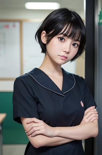 perfect detailed,masterpiece,photographic,8k photo,best quality,short hair,black hair,{thick eyeblows},{Single:1.1},{tsurime:1.2},normal face,japanese,female small hoobs,Sailor suit ,blue scart,Cross your arms,standing,evening,classroom,fullbody,