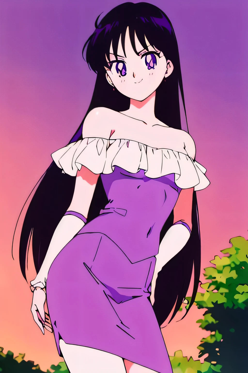 (retro anime girl:1.2), (masterpiece:1.2), (best quality), (ultra detailed), (8k,4k), (half body:1.2), (cowboy:1.2), (close up:1.2), (highly detailed:1.2), (White Ruffle Off-the-shoulder top:1.4), (purple skin tight pencil skirt:1.4), Rei Hino, 1 girl, solo, Best quality, masterpiece, High Definition, ager, Purple Eyes, Beautiful Detail Eyes, Black Hair, Long Hair, Good hands at sides, Seductive Smile, Blushing, Bare Neck, Bare Arms, Bare Shoulders, short sleeve, Strapless, White Ruffle Off-the-Shoulder Top, Purple skin tight pencil skirt, standing in her garden, looking at viewers, garden, sunset skies, rose bushes, outdoor gazebo