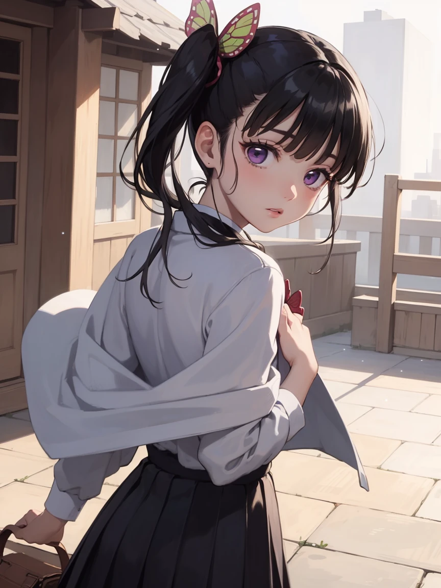 anime coloring, kimetsu no yaiba style, Portrait, official art, best masterpiece, best quality, best resolution, 8K, best detailed, highly detailed hands, highly detailed fingers, very detailed mouth, perfect anatomy, perfect very detailed vagina, looking at viewer
BREAK
cowboy shot, Portrait, look back, arms behind back, head tilt
BREAK
kanao tsuyuri, black hair, (purple eyes:1.1), butterfly hair ornament, side ponytail, ponytail, black skirt, demon slayer uniform, long sleeves, pleated skirt, thighs, white cape, (small breasts), (Short stature)
BREAK
expressionless, (empty eyes:1.3)
BREAK
outdoor, sunlight, dust, dust, light particles, very detailed 16KCG wallpapers