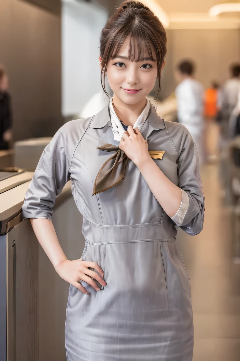 (masterpiece:1.2、highest quality:1.2)、32K HDR、High resolution、(alone、1 girl、Slim figure)、（Realistic style with Starlux Airlines uniform）、 (In the airport lounge, Professional Lighting)、Airport Lounge Background、A proper woman, Beautiful Face,、（Starlux Airlines silver uniform:1.4）、（Starlux Airlines silver uniform with short sleeves）、（scarf on chest）、Big Breasts、（Long Hair Up、Hair Bun）、Dark brown hair、Long Shot、（（Great hands：2.0））、（（Harmonious body proportions：1.5））、（（Normal limbs：2.0））、（（Normal finger：2.0））、（（Delicate eyes：2.0））、（（Normal eyes：2.0））)、Beautiful standing posture、smile,Place your hands around your stomach