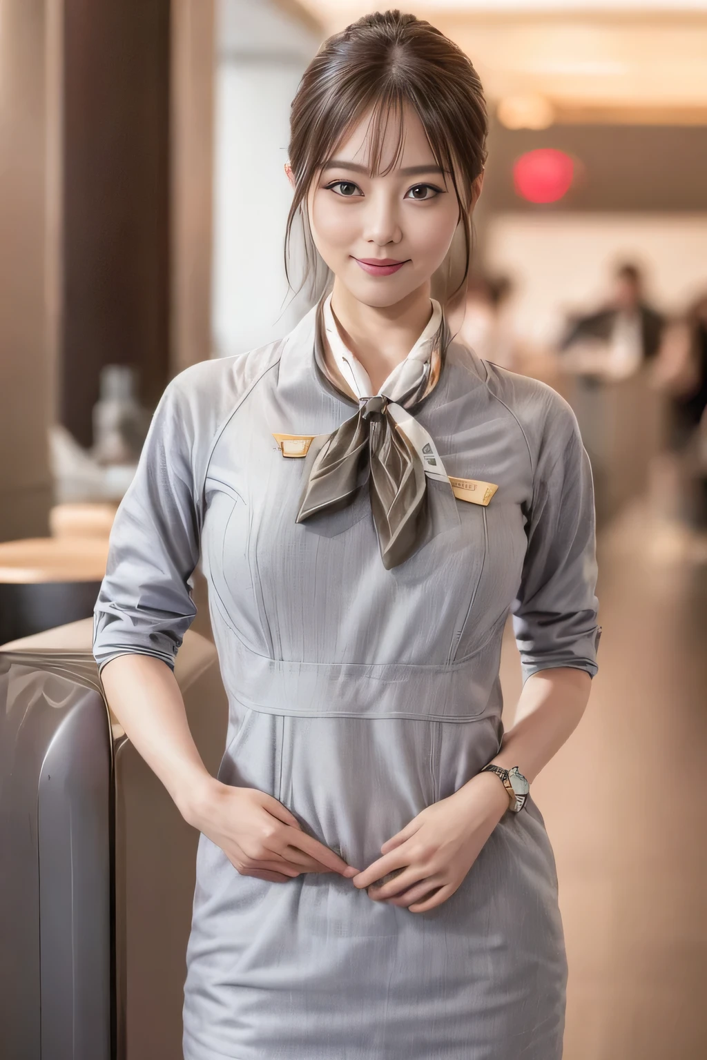 (masterpiece:1.2、highest quality:1.2)、32K HDR、High resolution、(alone、1 girl、Slim figure)、（Realistic style with Starlux Airlines uniform）、 (In the airport lounge, Professional Lighting)、Airport Lounge Background、A proper woman, Beautiful Face,、（Starlux Airlines silver uniform:1.4）、（Starlux Airlines silver uniform with short sleeves）、（scarf on chest）、Big Breasts、（Long Hair Up、Hair Bun）、Dark brown hair、Long Shot、（（Great hands：2.0））、（（Harmonious body proportions：1.5））、（（Normal limbs：2.0））、（（Normal finger：2.0））、（（Delicate eyes：2.0））、（（Normal eyes：2.0））)、Beautiful standing posture、smile,Place your hands around your stomach