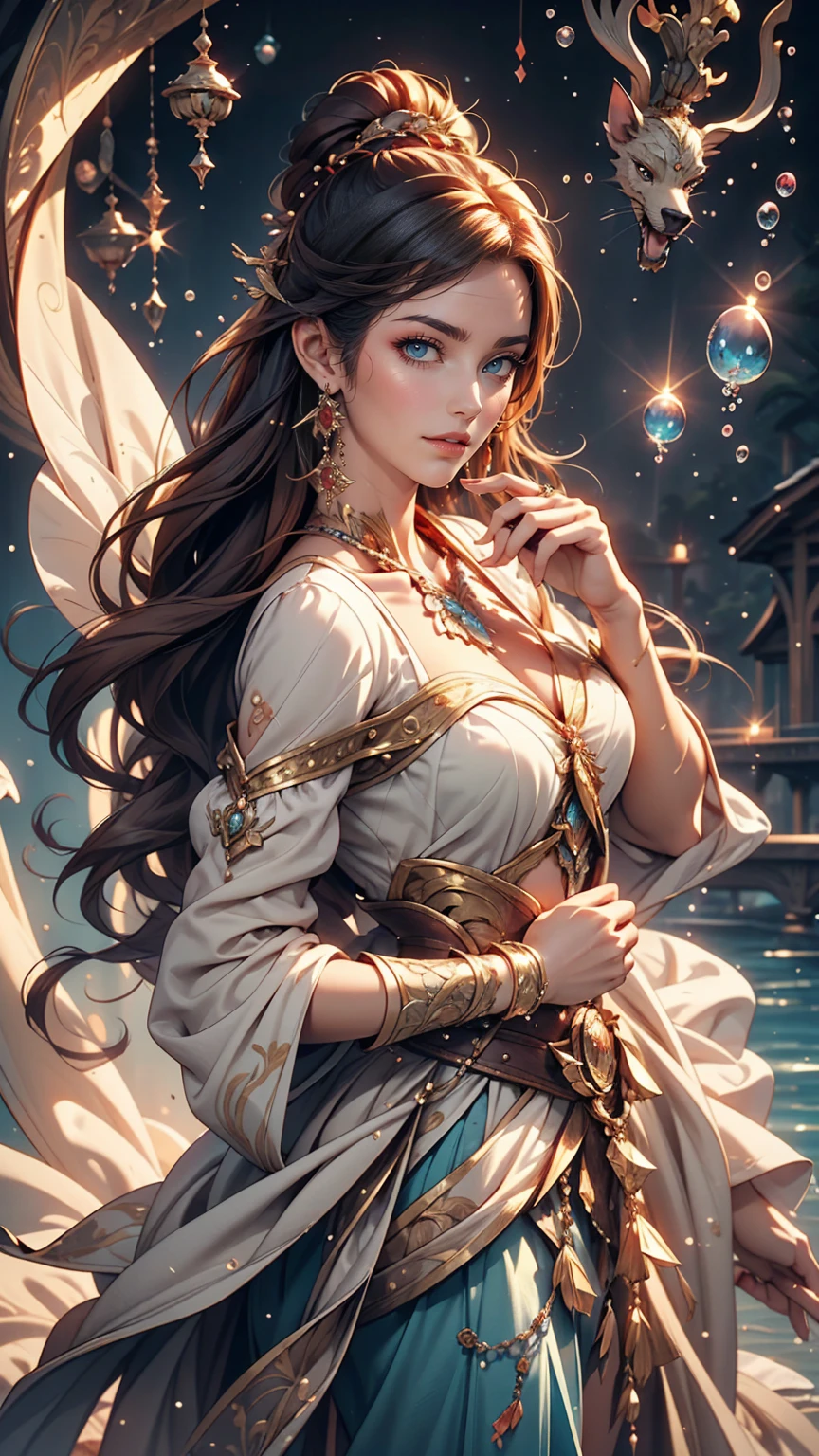 A painting of a woman in a dress blowing bubbles, Barbaric and Wow, Mysterious Bubbles, Moebius + Barbaric + Wow, Dreamy details, intricate Wow, A close-up fantasy using the magic of water, fairy tale artwork, Fairy tale painting, Anna Dittmann style, Wow art, Realistic fantasy painting, Artgerm Julie Bell Beeple