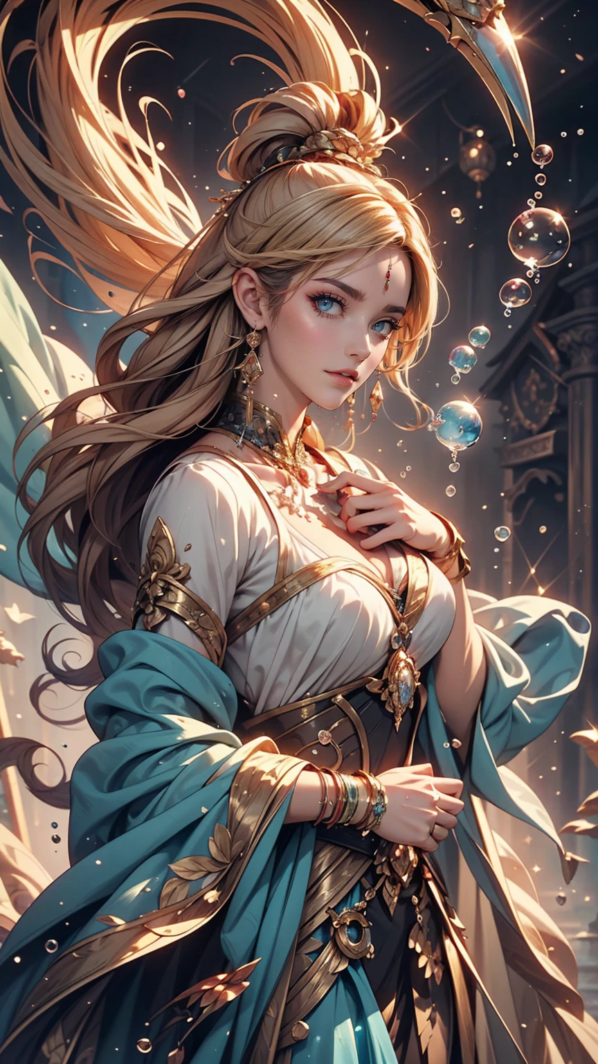 A painting of a woman in a dress blowing bubbles, Barbaric and Wow, Mysterious Bubbles, Moebius + Barbaric + Wow, Dreamy details, intricate Wow, A close-up fantasy using the magic of water, fairy tale artwork, Fairy tale painting, Anna Dittmann style, Wow art, Realistic fantasy painting, Artgerm Julie Bell Beeple