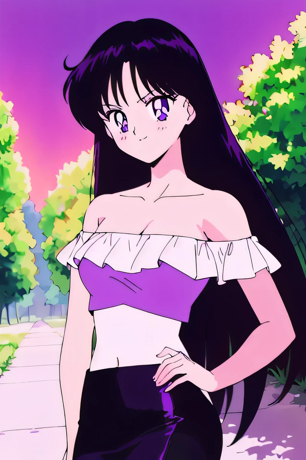 (retro anime girl:1.2), (masterpiece:1.2), (best quality), (ultra detailed), (8k,4k), (half body:1.2), (cowboy:1.2), (close up:1.2), (highly detailed:1.2), (White Ruffle Off-the-shoulder top:1.4), (purple skin tight pencil skirt:1.4), Rei Hino, 1 girl, solo, Best quality, masterpiece, High Definition, r, Purple Eyes, Beautiful Detail Eyes, Black Hair, Long Hair, Good hands at sides, Seductive Smile, Blushing, Bare Neck, Bare Arms, Bare Shoulders, short sleeve, Strapless, White Ruffle Off-the-Shoulder Top, Purple skin tight pencil skirt, standing in her garden, looking at viewers, garden, sunset skies, rose bushes, outdoor gazebo