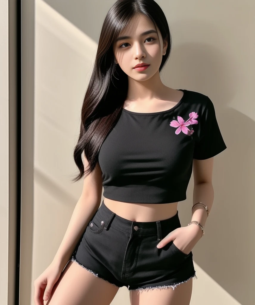 Arav female, 25 years old,) Chest measurement 36 inches.,) Wearing an expensive silk shirt, black , and shorts posing for photos, Crop and shorts, trendy clothes, Korean female fashion model, Wear a sexy crop top., With a torn cropped t-shirt, openly, V-chest shirt, Crop top with jacket, Crop, Photo of a thin young model, thick hips, ด้านบนblack, Wear a crop top., Casual clothes, Casual clothesblack