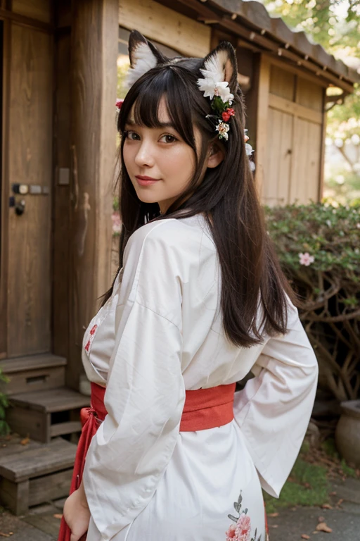 Girl in old Japanese schoolyard with autumn leaves,Very long sleeved floral hakama top and brown hakama bottom,white socks,hair red string bow,18-year-old,bangs,Smile a little,knees,from below