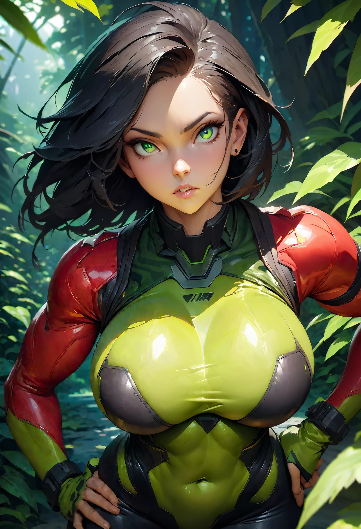 ((masterpiece)),((best quality)),illustration,(beautiful detailed woman),(face focus,close up,portrait),long black hair,forehead,green eyes,angular eyes,sharp eyes,edgy eyes,piercing eyes,fierce eyes,downturned mouth,(looking somewhere),large breasts,voluptuous breasts,(tight camouflage combat suit),(tight green combat pants),(emphasized body language),right hand on hip, standing,in a jungle,covered navel,muscular,toned body,(sunlight filtering through leaves),((cinematic composition)),((trending on artstation)), highlight the subject