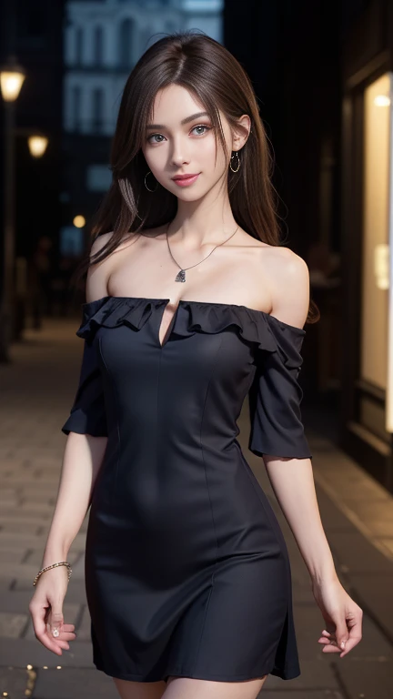 (4K, 8K, best quality, A high resolution, tmasterpiece:2), (actual, realistic, Photorealistic2), (ultra - detailed, masterpiece, best quality, High detail), Beautiful detailed girl, ((standing)), Gorgeous beauty woman, very detailed facial, detailed skin structure, fair skin, perfect anatomy, ((perfect body)), Beautiful detailed whole body, lovely lips, detailed lip, (breasts beautiful, big breasts enchanting), ((cleavage)), (detailed eyes, soulful eyes, realistic eyes, beautiful and clear eyes), (close eyes:1.1), shiny color hair, ((bouffant long curled bouncy hair)), (Enchanted expression), (Alluring), (seductive look), (Enchanted), ((slim waist)), long leg, high heel, (detailed discreet shirt, dark red jacket and black skirt), head gear, necklace, earring, ((view over city, midnight)), (night scene), physically-based rendering, ((full body)), (((looking at viewer)))