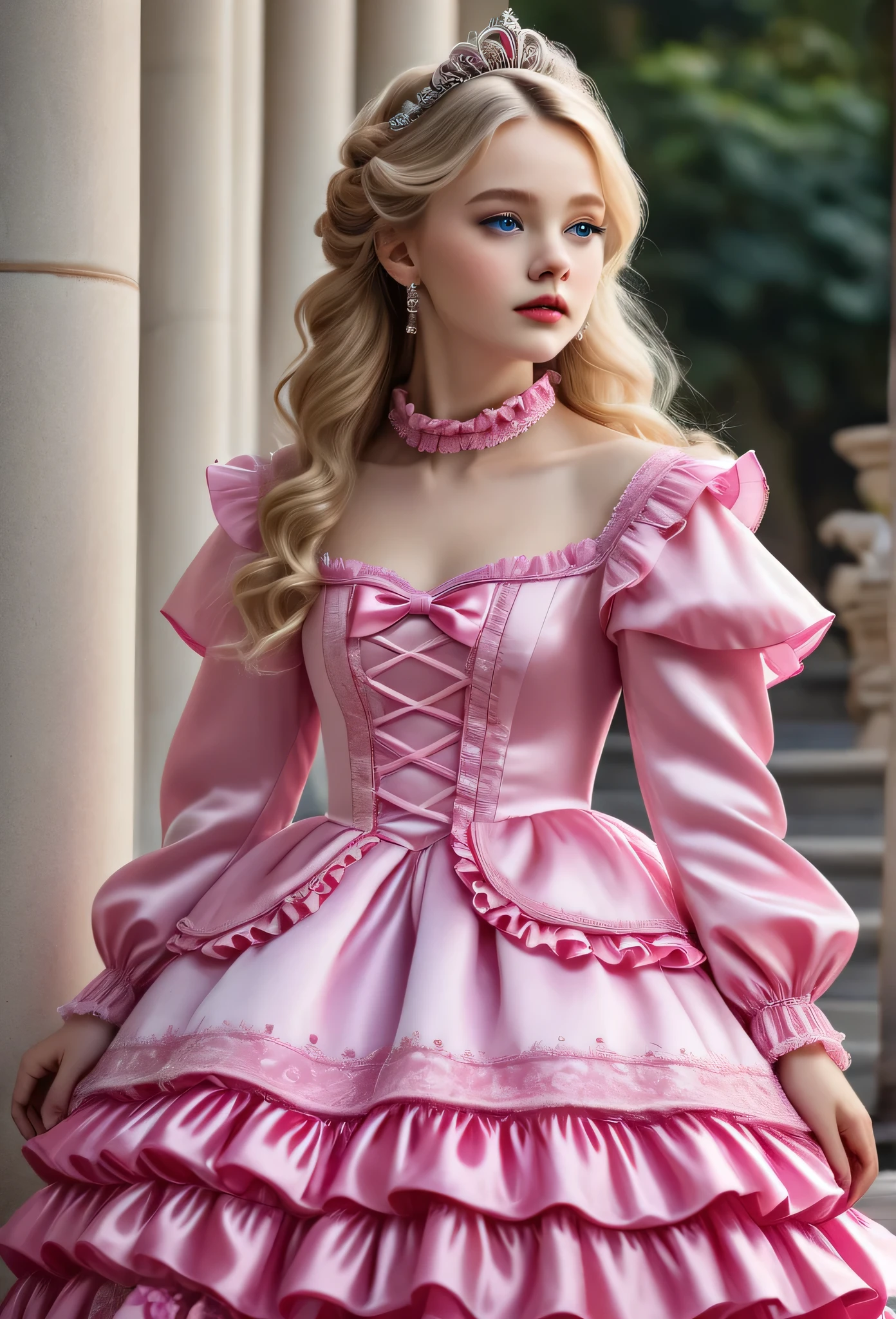 ,highest quality, masterpiece, highest resolution, artwork, 3K realistic photos,,((10 year old ***********s)),Super detailed baby face,both are princesses,Full length ball gown dress with hoop skirt,ruffled yoke collar,Detailed braided ribbon on chest,puff sleeves,long sleeve,((****ta style hot pink detailed princess satin dress、Comes with lots of frills and ribbons。)),shiny silk satin dress,soft and smooth silk satin fabric,luxury,Very long blonde hair,blue eyes,white skin european,pajamas,((Outside the palace)),Princess dancing happily,gorgeous flowing dress,fine white frills and lace,Super long hair that is as tall as your body,the princess is running