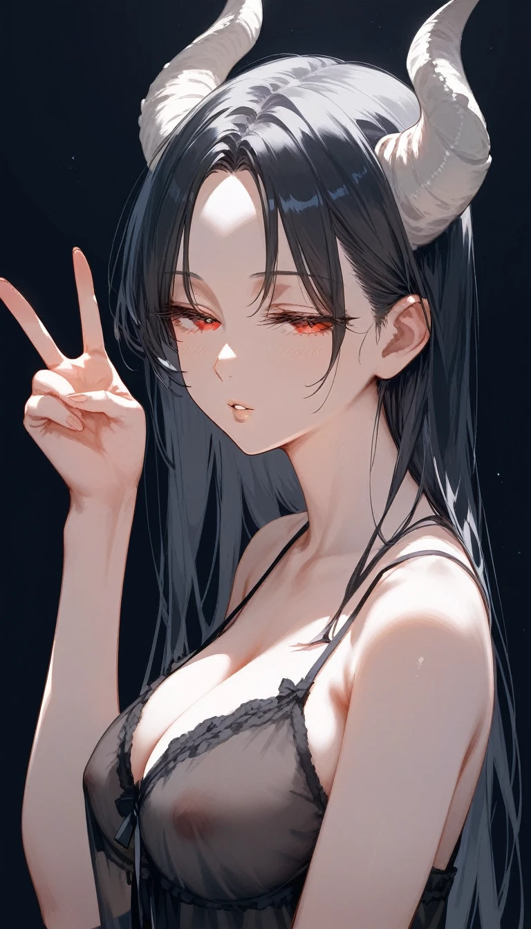 masterpiece, Score_9, Score_8_up, Score_7_up, rear view, 1 woman, alone, black hair with red , long hair, split bangs, dark red eyes, half-closed eyes, parted lips, expressionless, pale skin, large breasts, upper body, nightgown black with a V-neckline, black background, the best quality, horns up, long parted bangs.