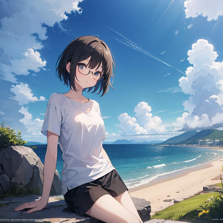 Hoan Lap, High resolution, (official art, A sense of beauty:1.2), close, Bright Sky, The Wide World, girl, look down, Short fine hair，White T-shirt，black eyeglasses、 Distant Horizon, cloud, High Hill, Natural Beauty, Inspiration, Light effects,