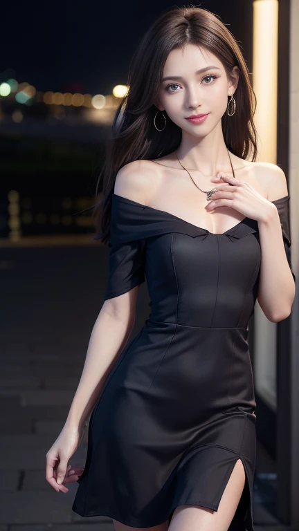 8k, masterpiece, RAW Photos, highest quality, Realistic, Highly detailed CG Unity 8k wallpaper, Depth of written boundary, Cinematic Light, Lens flare, Ray Tracing, (Very beautiful face, Beautiful Lips, Beautiful Eyes), Exquisitely detailed face, ((Highly detailed skin)) One girl, In the Dark, Deep Shadow,   (Very slim slender fit-muscle body:1.3),(No sleeve) ,Off the shoulder、 ((Spread your thighs))、 Fashion City Night, Dark Night,  (Blurred Background), (No people in the background), Beautiful earrings, bracelet, necklace, Clear Eyes, walk,  Look forward, looking at the camera、(smile)、Shot from the knee up、(Almeria color dress:1.3)、(Brown Hair、Medium),   Open chest,  Large Breasts, Turn back,  