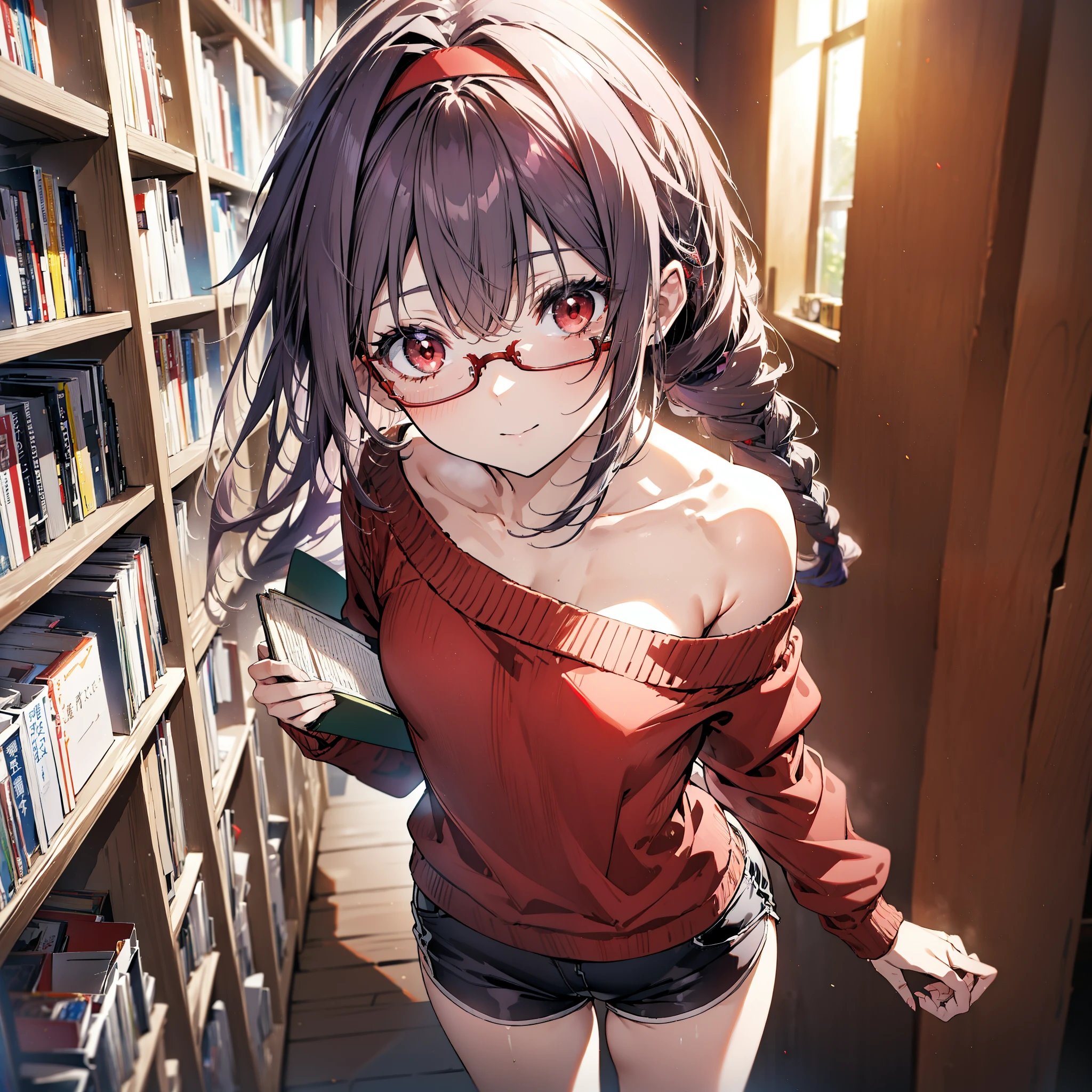 yuukikonno, Konno Yuuki, hair band, Long Hair, Pointed Ears, Purple Hair, (Red eyes:1.5), (Small breasts:1.2), Close your mouth,smile、,Long braids,Black-rimmed glasses,Oversized one-shoulder sweater,Shorts,short boots,Holding a book in both arms,
壊す looking at viewer, whole body,
Break indoors, figure書館
壊す (masterpiece:1.2), highest quality, High resolution, unity 8k wallpaper, (figure:0.8), (Beautiful fine details:1.6), Highly detailed face, Perfect lighting, Highly detailed CG, (Perfect hands, Perfect Anatomy),