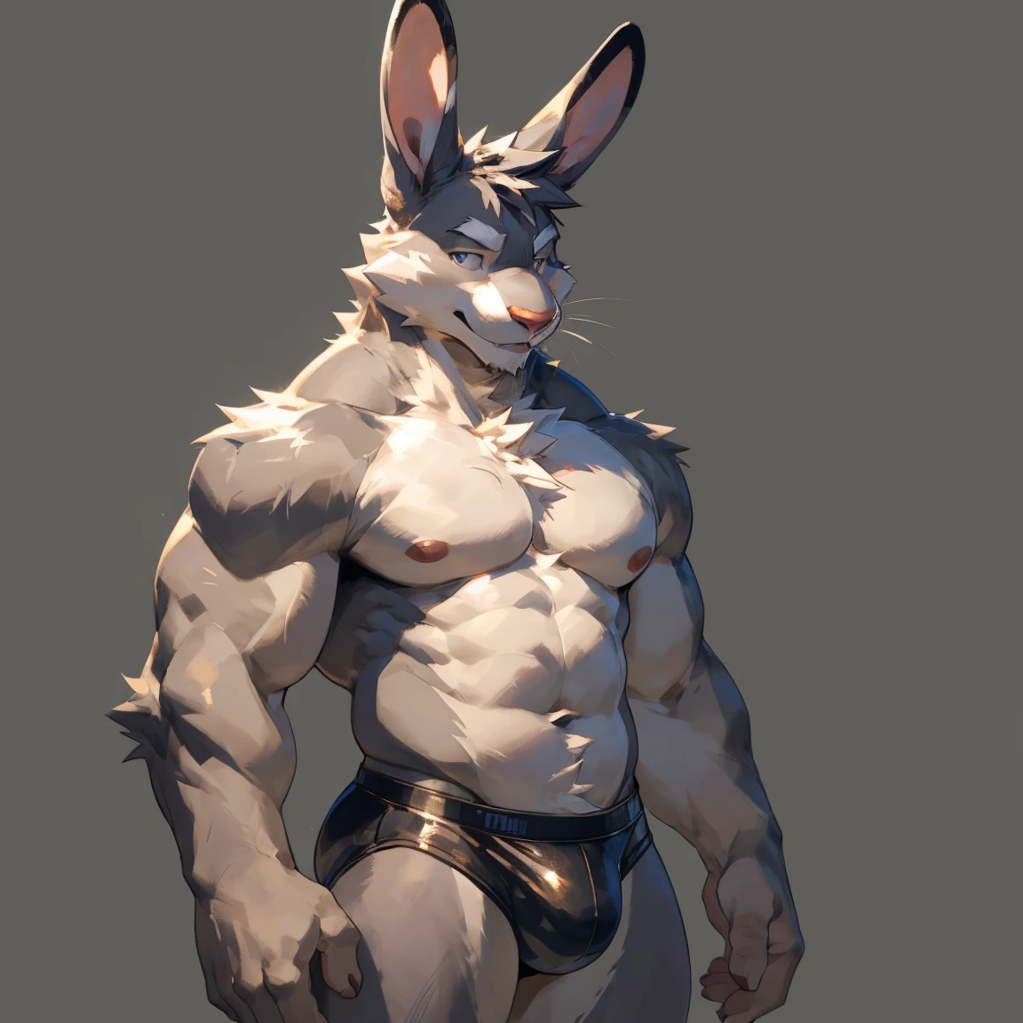 Solo, male, Handsome rabbit, light gray, light gray rabbit, solo, in speedo, black speedos, black underwear, hot, sexy, seductive rabbit, front, standing, posing hands, waist, male v line, attractive, perfect body, good anatomy, ((focus body, furry focus, shades focus, body shades)) (((gray background, gray wallpaper, one color))), by darkgem, by mystikfox61, by glitter trap boy