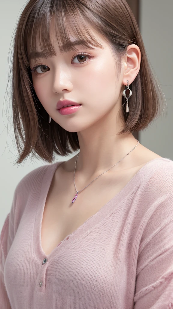 (8k, Photorealistic, Raw photo, Highest quality: 1.4),Japanese idol style1Beautiful girl of the person,18-year-old,Very short hairstyle,Silver Hair,Hang your hair over your ears,Wearing small earrings in the ears,Big, clear grey eyes,Long eyelashes,Tear bags,There is a blackhead under the left eye,Plump Cheeks,Wearing pink lipstick,Apply gloss over your lipstick for glossy, plump lips,A short pendant is hanging around her neck.,He is wearing a diver's watch on his left wrist.,Both hands have pink nail polish on their nails,Both toenails have red nail polish,Smiling,Wearing an oversized T-shirt,Wearing skin-tight, ripped jeans,She is wearing red high heels on her bare feet,She is wearing an anklet on her right ankle,She is surrounded by the gentle sunlight filtering through the trees.,Full body portrait