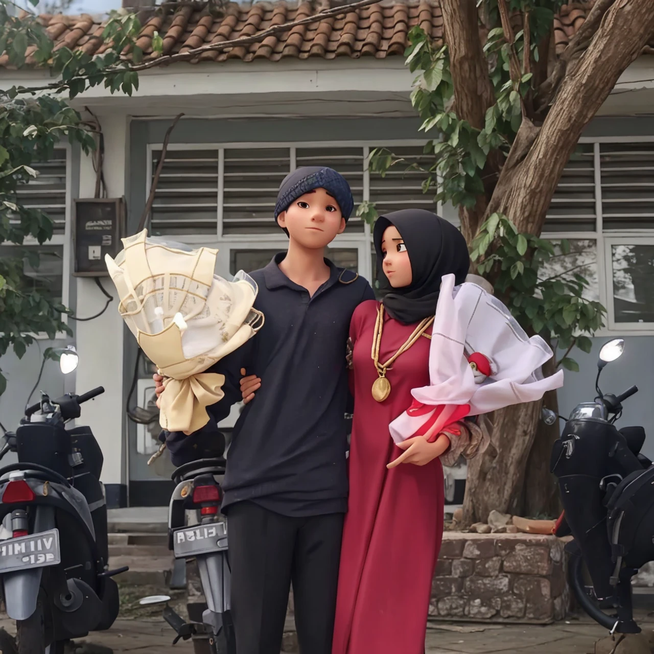 woman with hijab and boy with cap
