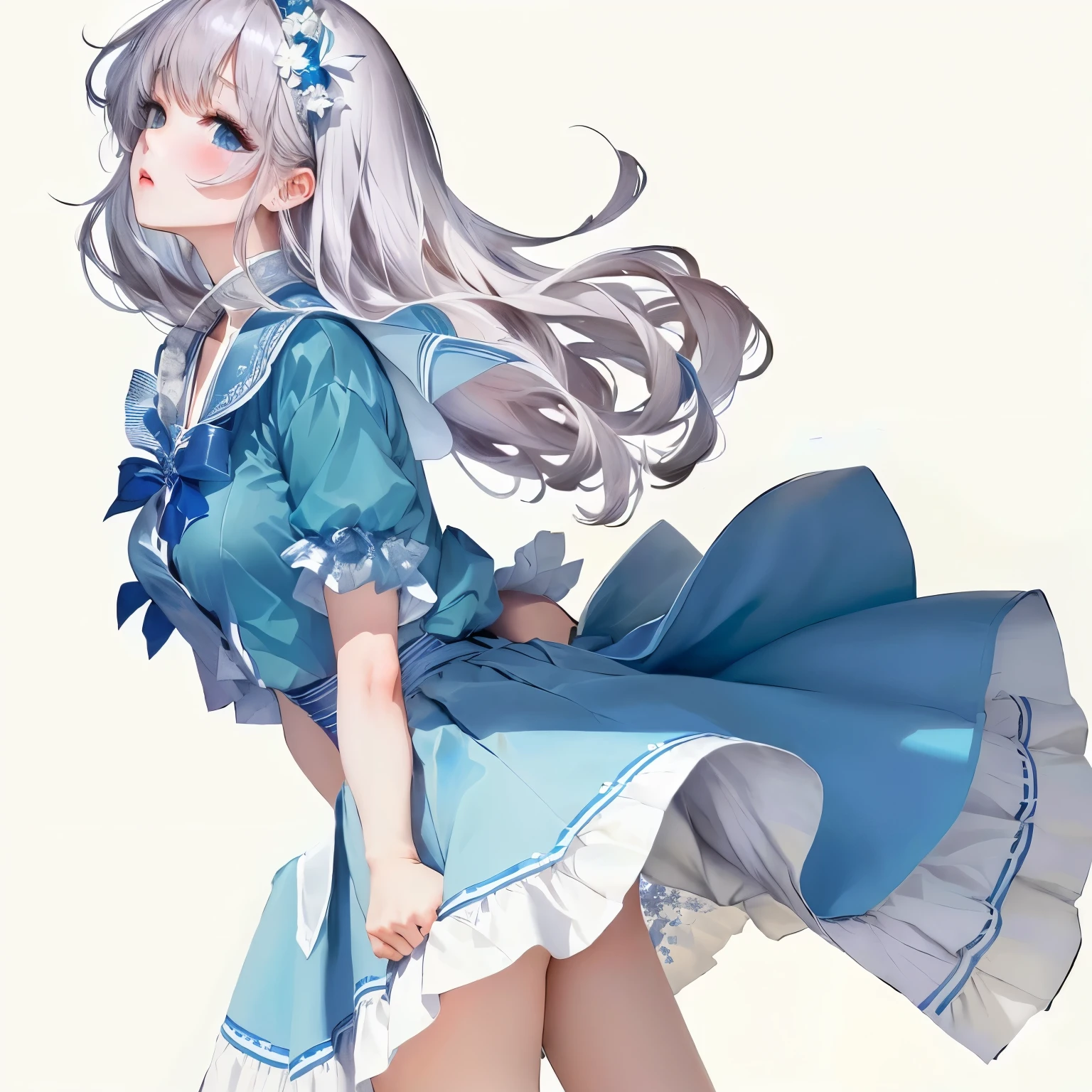 Low - Angle、Long skirt、Hold down your skirt that is being blown up by the strong wind、The strong wind is showing her white cotton panties、high quality:1.0), (masterpiece:1.0), (Ultra-fine illustrations:1.0), ネイビーブルーのLong skirt、
、Lined、