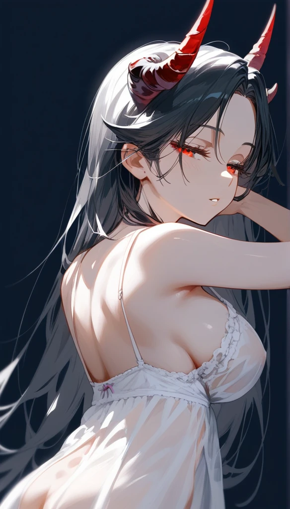 masterpiece, Score_9, Score_8_up, Score_7_up, rear view, 1 woman, alone, black hair with red , long hair, split bangs, dark red eyes, half-closed eyes, parted lips, expressionless, pale skin, large breasts, upper body, nightgown black with a V-neckline, black background, the best quality, horns up, long parted bangs.