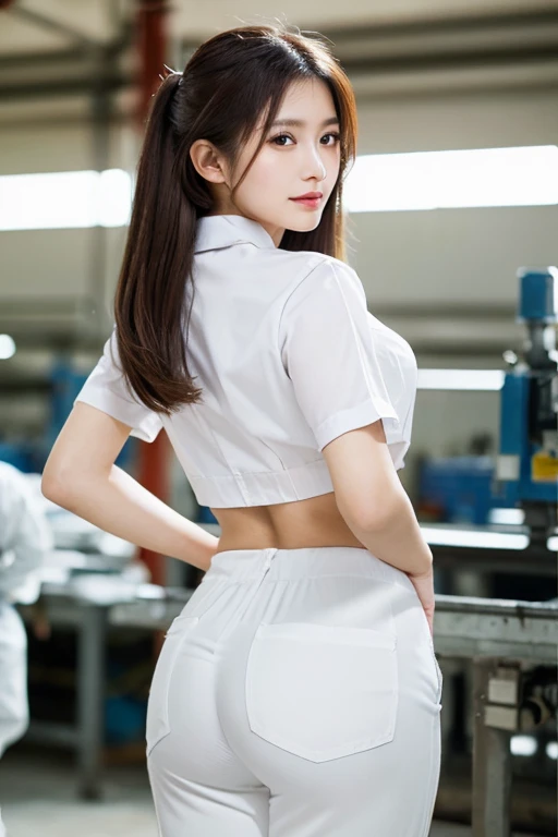 masutepiece, Best Quality, A high resolution,(photographrealistic:1.4), (depth of fields),(Lens Glow) ,inside factory:1.5、a Pretty Japanese woman１a person:1.5、(White Workwear Pants:1.5)、(White workwear:1.5)、(posterior view:1.5)、