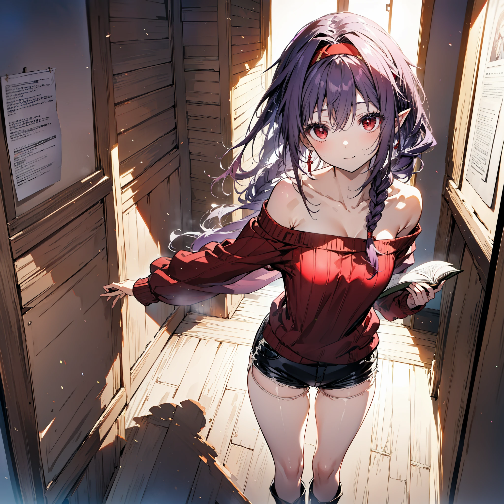 yuukikonno, Konno Yuuki, hair band, Long Hair, Pointed Ears, Purple Hair, (Red eyes:1.5), (Small breasts:1.2), Close your mouth,smile、,Long braids,Black-rimmed glasses,Oversized one-shoulder sweater,Shorts,short boots,Holding a book in both arms,
break looking at viewer, whole body,(Cowboy Shot:1. 5)
break indoors, figure書館,
break (masterpiece:1.2), highest quality, High resolution, unity 8k wallpaper, (figure:0.8), (Beautiful fine details:1.6), Highly detailed face, Perfect lighting, Highly detailed CG, (Perfect hands, Perfect Anatomy),