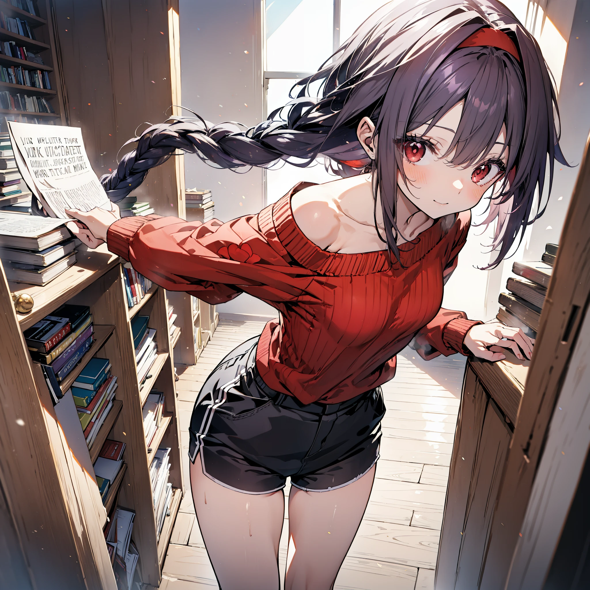 yuukikonno, Konno Yuuki, hair band, Long Hair, Pointed Ears, Purple Hair, (Red eyes:1.5), (Small breasts:1.2), Close your mouth,smile、,Long braids,Black-rimmed glasses,Oversized one-shoulder sweater,Shorts,short boots,Holding a book in both arms,
break looking at viewer, whole body,(Cowboy Shot:1. 5)
break indoors, figure書館,
break (masterpiece:1.2), highest quality, High resolution, unity 8k wallpaper, (figure:0.8), (Beautiful fine details:1.6), Highly detailed face, Perfect lighting, Highly detailed CG, (Perfect hands, Perfect Anatomy),