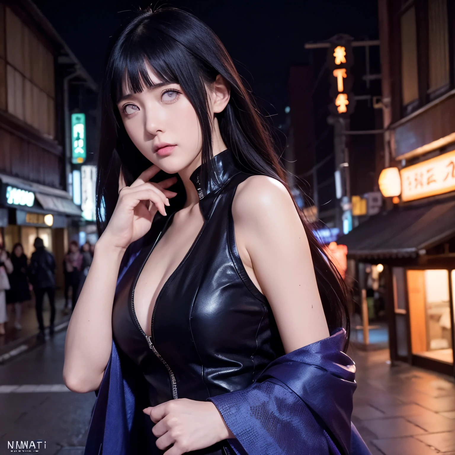 (( Hyuga Hinata-Naruto/Hyuuga Hinata-Naruto)), Raining Night,city,A beautiful woman in gyaru makeup wearing sport suit on the bustling streets of Kyoto, surrounded by vendors, beautiful portrait of a stunning goddess girl, beautiful detailed face, porcelain skin, full body shot, centered, ultra soft lighting, symmetry, intricate, elegant, highly detailed, photorealistic, artstation, concept art, smooth, as imagined by greg rutkowski and borris vallejo, cover, vogue style