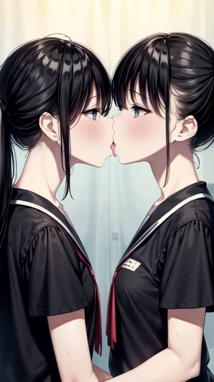 Two age girls,Angry expression,Equal height,At the bed,Black hair ponytail,Face to face, staring at each other,Embrace,Two bodies approaching,kiss、Photo of the two of them、Holding hands and facing each other、向かい合うPhoto of the two of them、Push each other、together、,highest quality,1 girl,kiss_tonguetongue,,tongue、Two Girls、together舐める、Girls facing each other、抱き合いながらkiss、Huge 、向かい合ってkiss、Embrace、uniform、high school girl