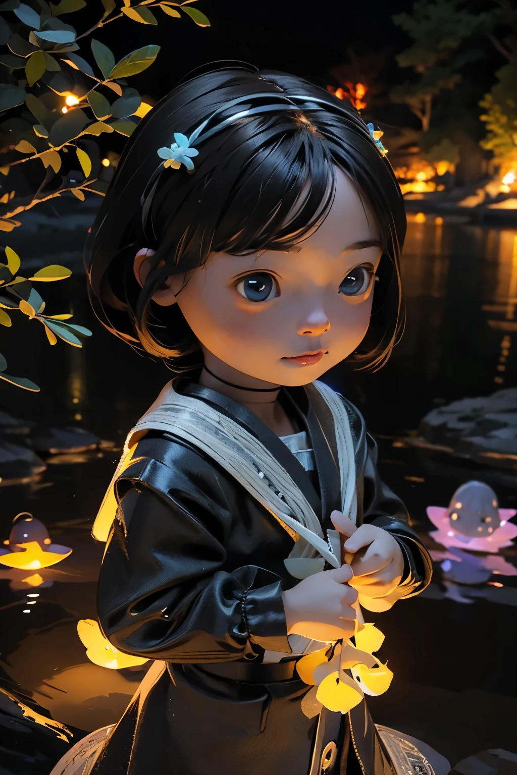 Photorealistic、Chibi Girl Doll（Enjoy the night view from the riverside、firefly、Bioluminescence）