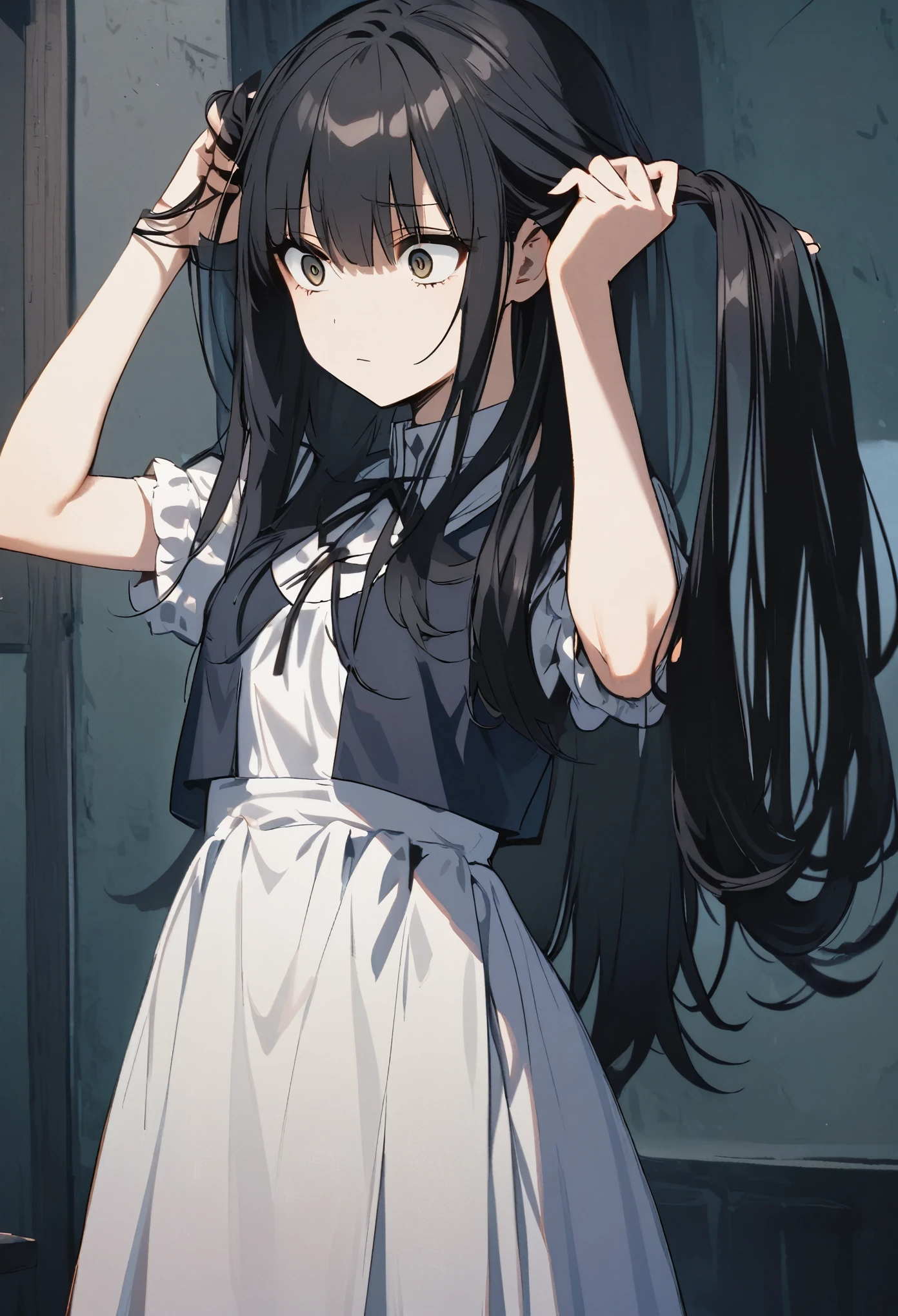girl, black hair, long hair, Maiden clothes, sharp eyes, , Expressionless, (((Grabbing my own hair and pulling it left and right))),