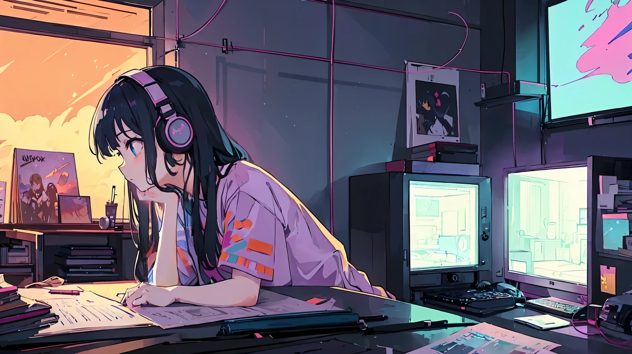 Anime girl sitting at a desk with headphones on and a laptop - SeaArt AI